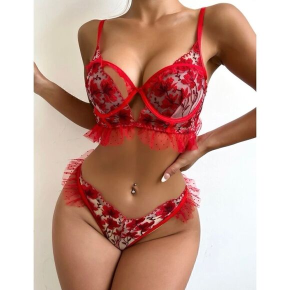 Sexy Sheer Floral Embroidery Lingerie Set - Picture 7 of 8